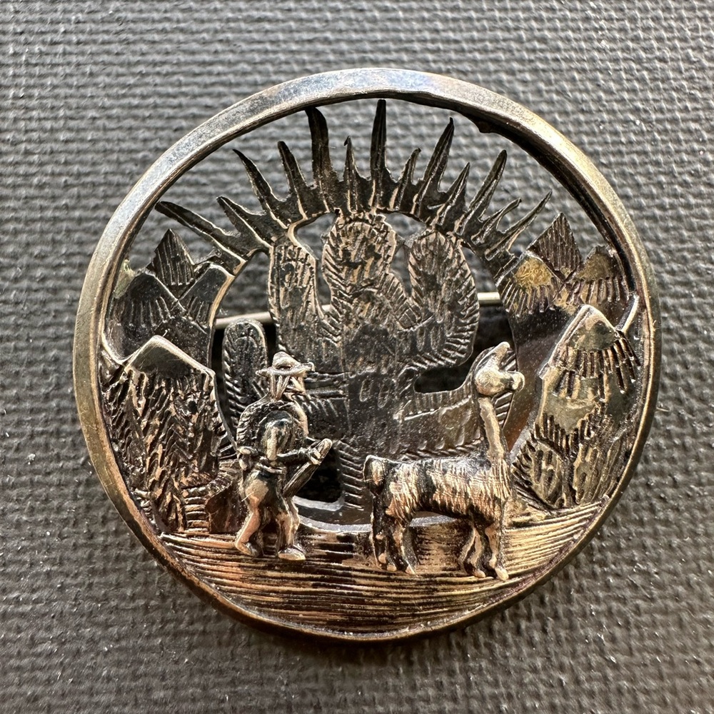 Vintage Peruvian Llama Cactus Sunrise 3 Dimensional Brooch 925